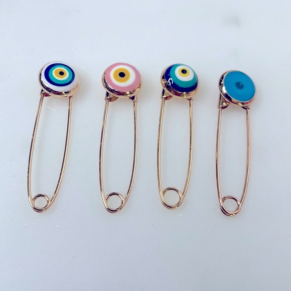 4 PIN SET Evil Eye Pin Gold 18K Plated 🧿 Pins Amulet Stroller Blue Pink El Ojo - Picture 7 of 12